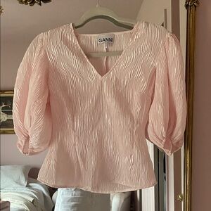 Ganni Light Pink Textured Pleated Blouse Peplum Puffed Sleeves size small 34
